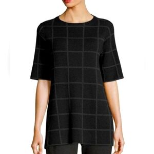 EILEEN FISHER organic Windowpane Linen blend top in Blk/gray size XS